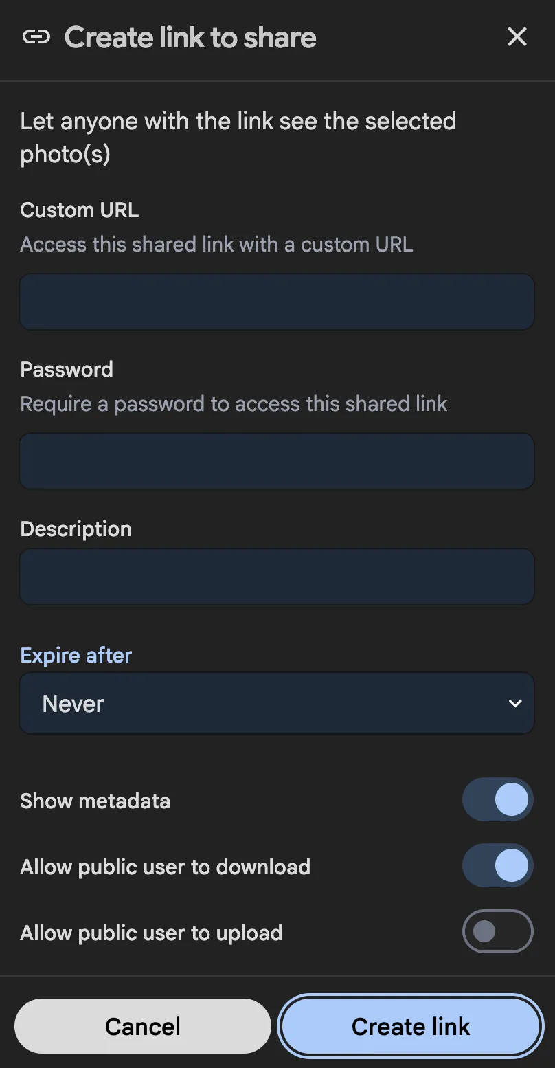 Creating public shared link from album